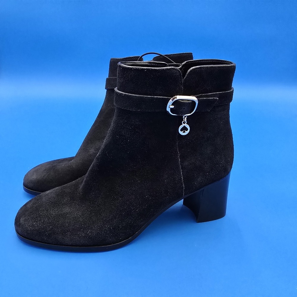 Kate Spade New York Black Suede Leather Heel Booties Side Zipper Buckle Womens 8